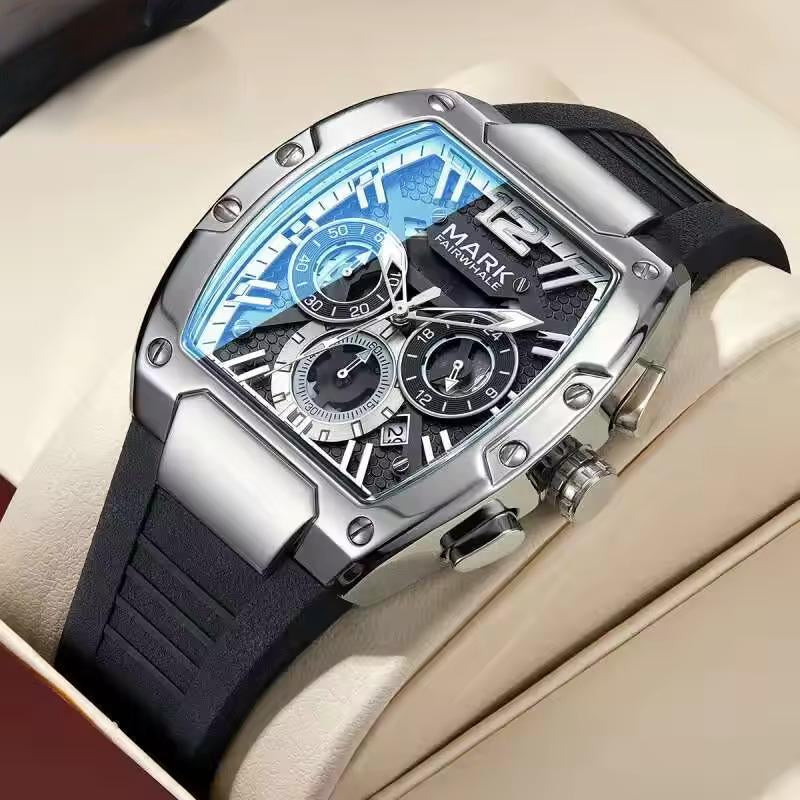 Men’s Luxury Chronograph Watch – Stainless Steel Case & Sporty Rubber Strap